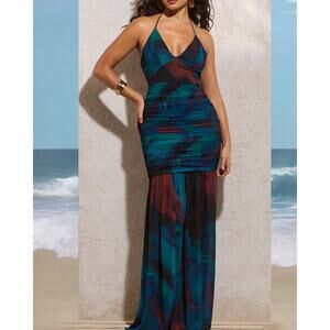 $160 CLUB LONDON Clio Blue Mermaid Halter Chiffon Plunge Beach Maxi Gown M 8